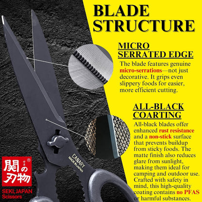 Japanese Kitchen Scissors Heavy Duty 8.2", Made in JAPAN, Dishwasher Safe Come Apart Blade, Multipurpose Kitchen Scissors, Sharp Serrated Japanese Stainless Steel, Black