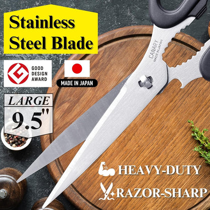 Japanese Kitchen Scissors Heavy Duty 8.2", Made in JAPAN, Dishwasher Safe Come Apart Blade, Multipurpose Kitchen Scissors, Sharp Serrated Japanese Stainless Steel, Black