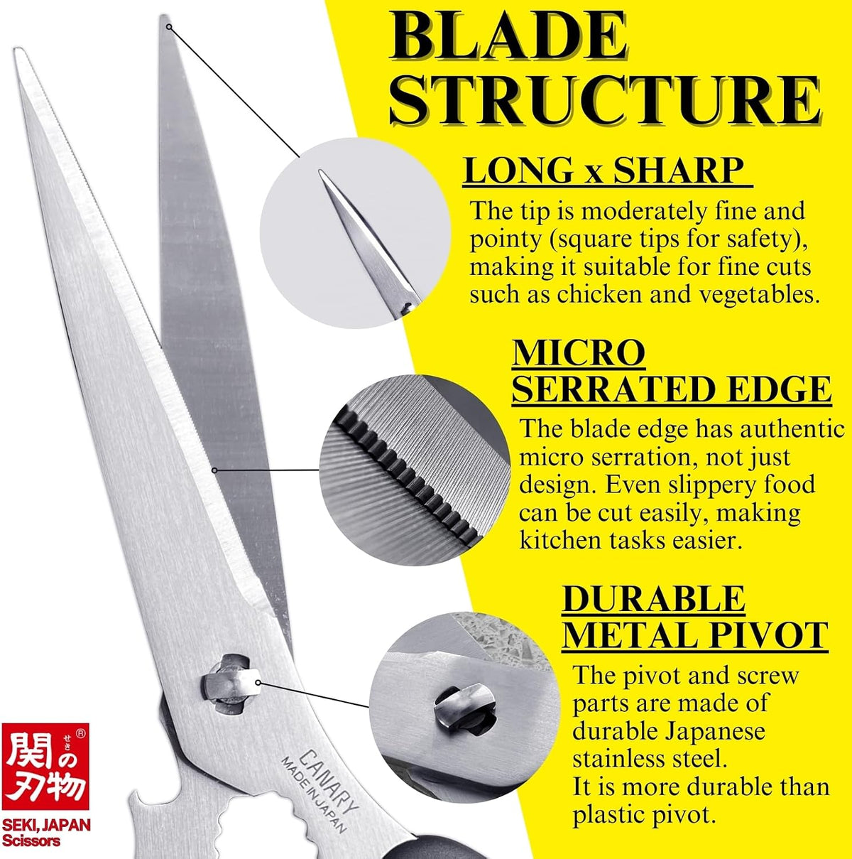 Japanese Kitchen Scissors Heavy Duty 8.2", Made in JAPAN, Dishwasher Safe Come Apart Blade, Multipurpose Kitchen Scissors, Sharp Serrated Japanese Stainless Steel, Black