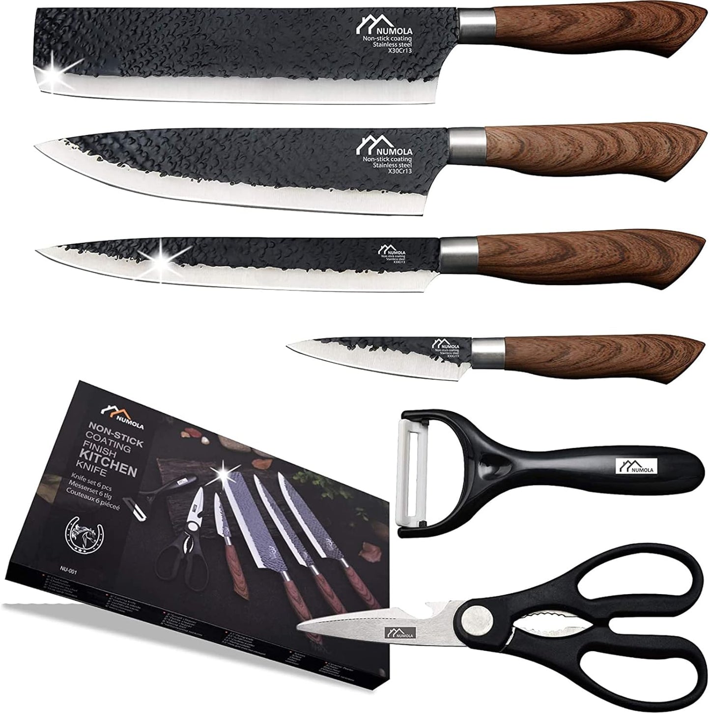 6 Pieces Black Professional Chef Knife Set with Stainless Steel Cutlery | BBQ Knife Set, Ergonomic Design Handle, Gift Box for Festival, Kitchen Essential