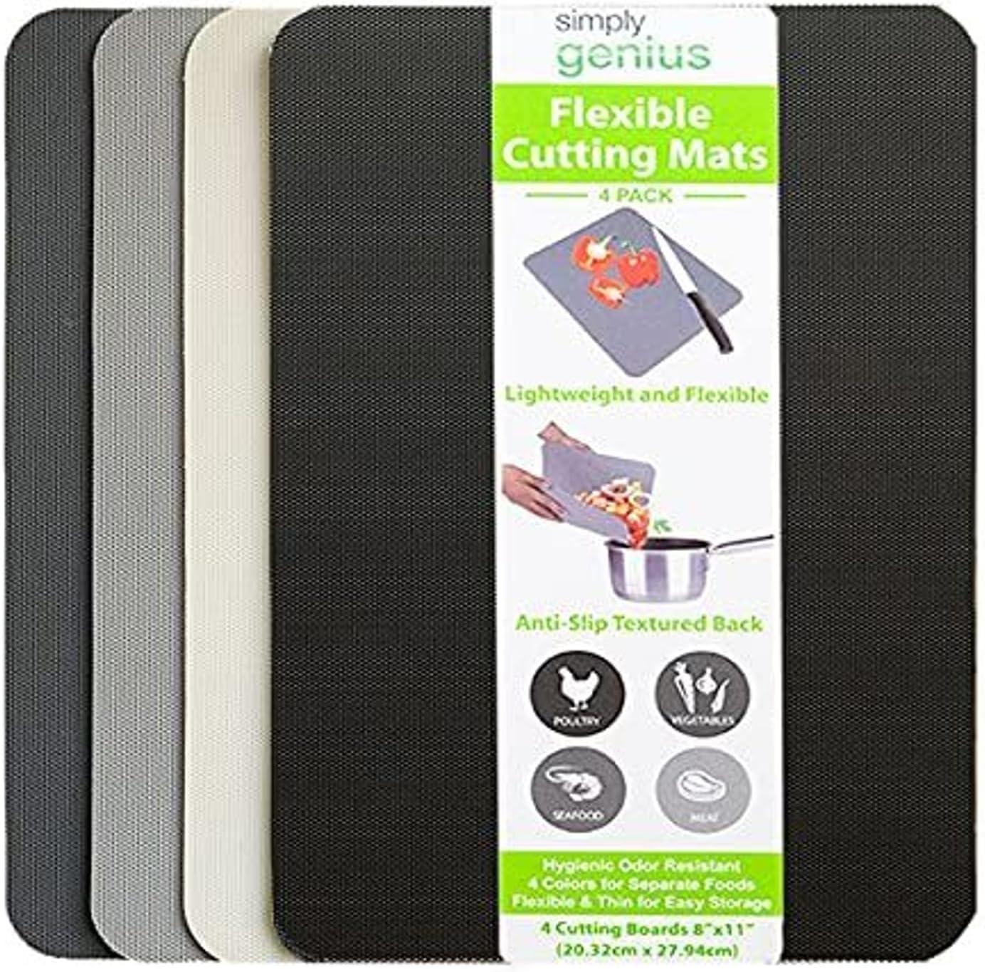 Rectangular Cutting Board Set - Color-Coded Cutting Mats for Kitchen - Dishwasher-Safe Plastic Chopping Board - Pack of 4, 8 x 11 in, Light Gray