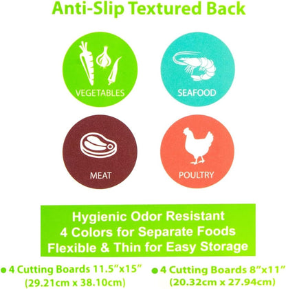 Rectangular Cutting Board Set - Color-Coded Cutting Mats for Kitchen - Dishwasher-Safe Plastic Chopping Board - Pack of 4, 8 x 11 in, Light Gray