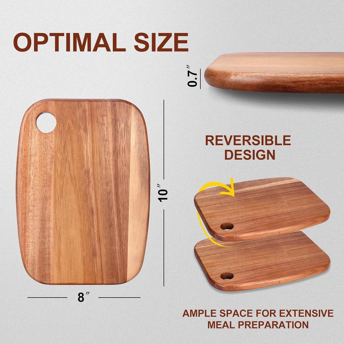 Small Acacia Wood Cutting Boards for Kitchen with Hanging | Medium Wooden Cutting Board for Vegetables, Fruit, Bread, Meat, Cheese, Charcuterie - BPA Free, 10" x 8"