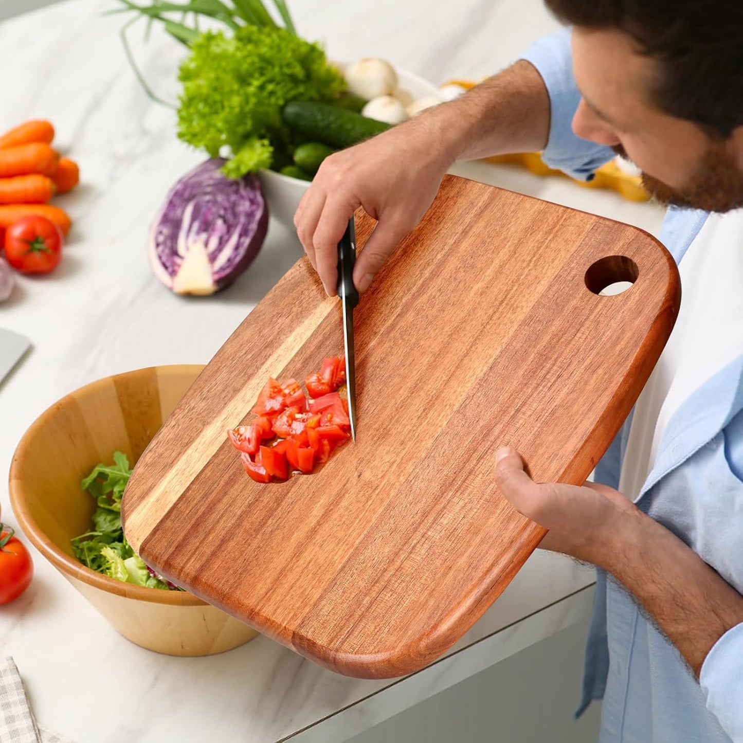 Small Acacia Wood Cutting Boards for Kitchen with Hanging | Medium Wooden Cutting Board for Vegetables, Fruit, Bread, Meat, Cheese, Charcuterie - BPA Free, 10" x 8"