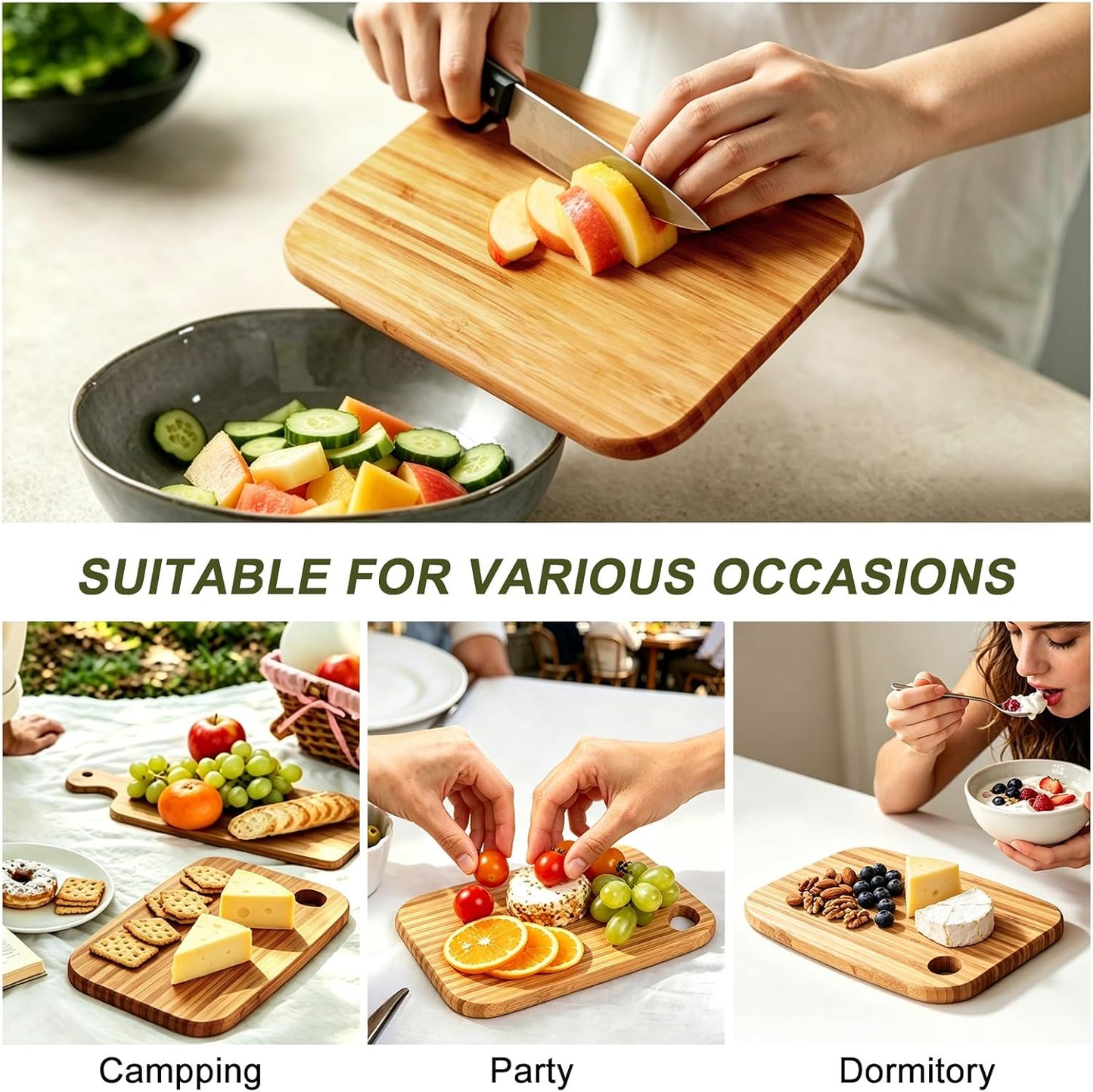 Small Acacia Wood Cutting Boards for Kitchen with Hanging | Medium Wooden Cutting Board for Vegetables, Fruit, Bread, Meat, Cheese, Charcuterie - BPA Free, 10" x 8"