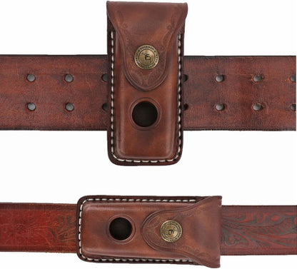 Tourbon EDC Leather Pocket Folding Knife Sheath 3.8 Inch Blade Carrier Holster Flashlight Holder Case for Belt