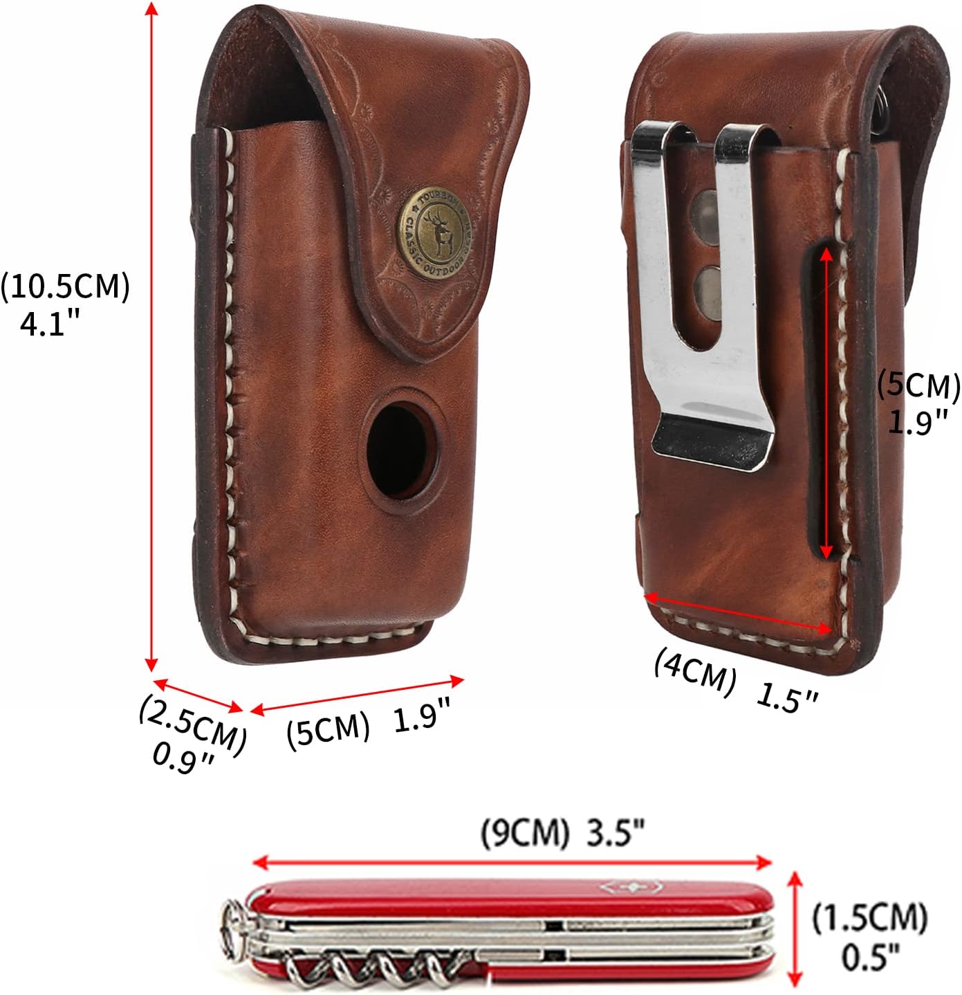 Tourbon EDC Leather Pocket Folding Knife Sheath 3.8 Inch Blade Carrier Holster Flashlight Holder Case for Belt