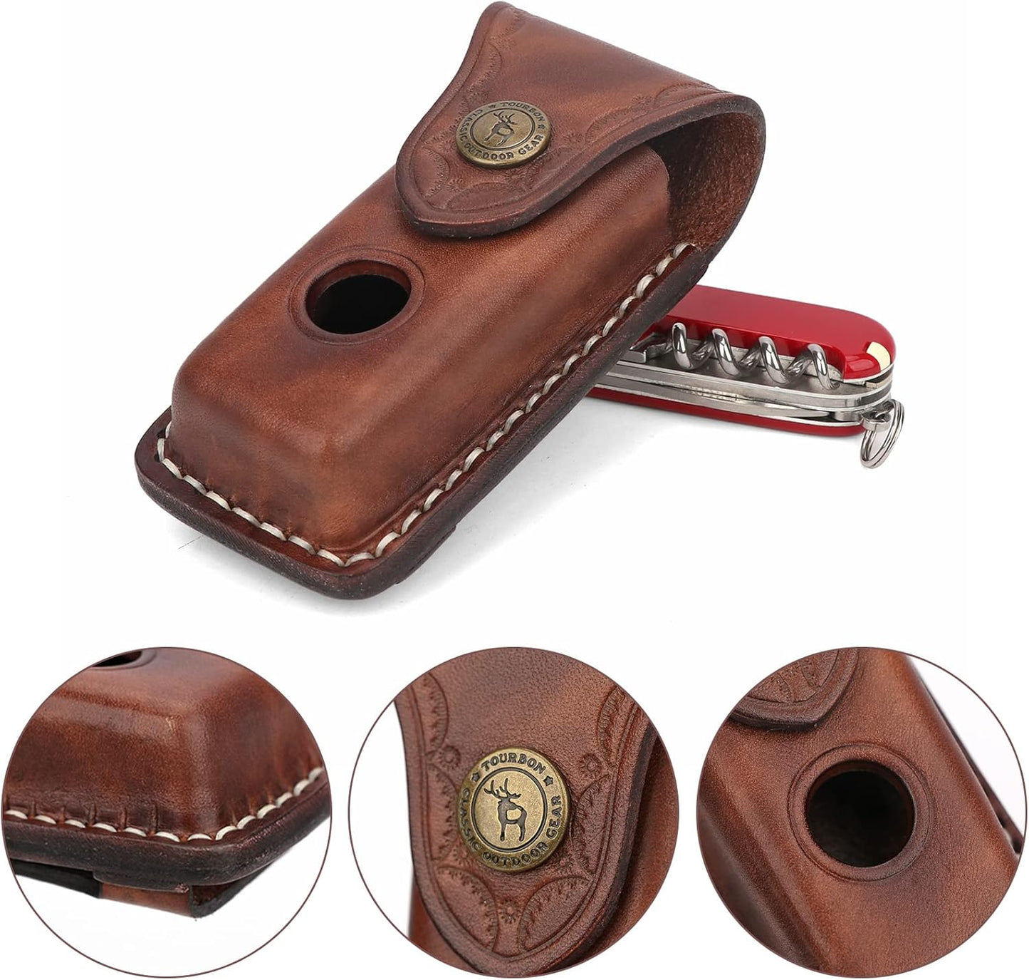 Tourbon EDC Leather Pocket Folding Knife Sheath 3.8 Inch Blade Carrier Holster Flashlight Holder Case for Belt