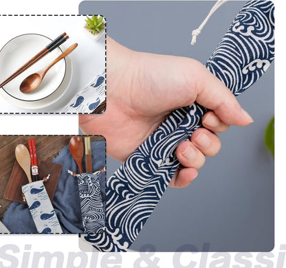5Pcs 6x26 CM/2.4x10.2 Inch Straw Carrying Case Portable Travel Drawstring Bag Cutlery Pouch Cloth Bag Japanese Tableware Pouch for Spoon Knives Forks Chopsticks