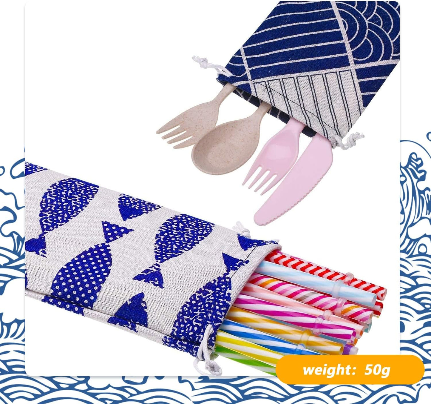 5Pcs 6x26 CM/2.4x10.2 Inch Straw Carrying Case Portable Travel Drawstring Bag Cutlery Pouch Cloth Bag Japanese Tableware Pouch for Spoon Knives Forks Chopsticks