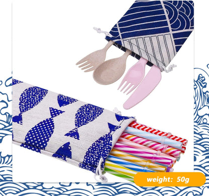 5Pcs 6x26 CM/2.4x10.2 Inch Straw Carrying Case Portable Travel Drawstring Bag Cutlery Pouch Cloth Bag Japanese Tableware Pouch for Spoon Knives Forks Chopsticks