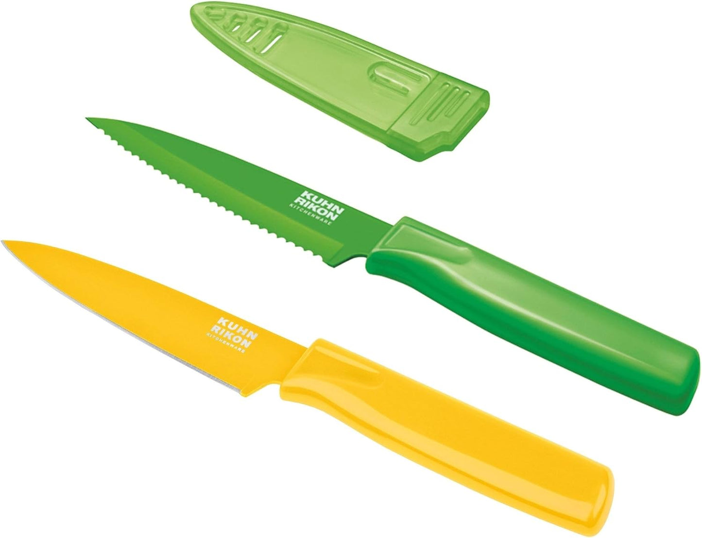 COLORI Straight and Serrated Paring Knife with Safety Sheath, 4 inch/10.16 cm Blade, Set of 2, Green and Yellow