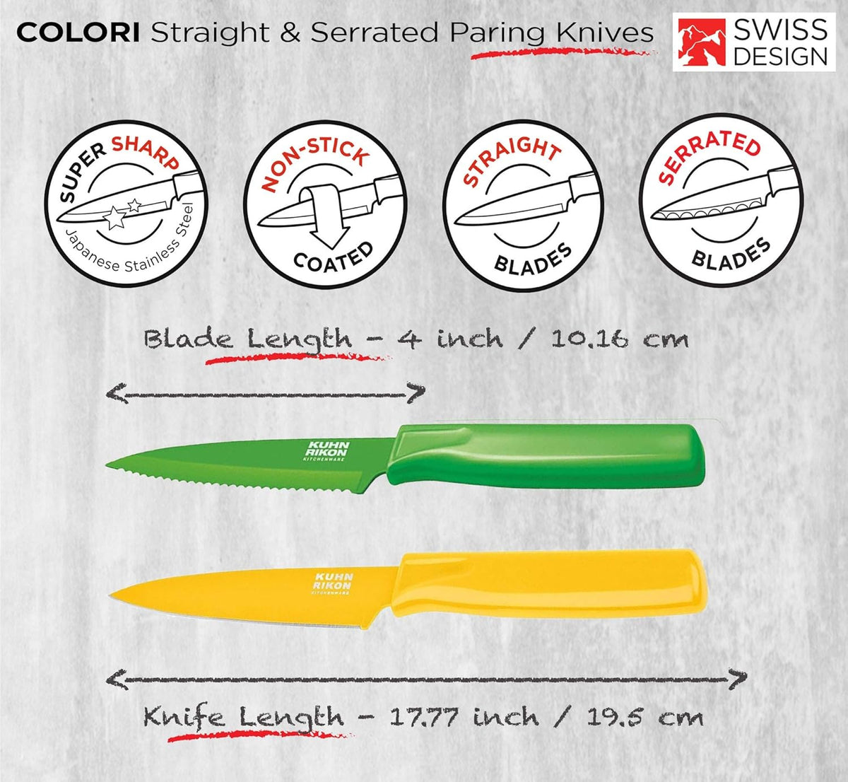 COLORI Straight and Serrated Paring Knife with Safety Sheath, 4 inch/10.16 cm Blade, Set of 2, Green and Yellow