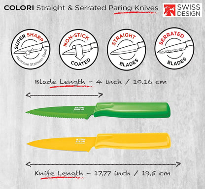 COLORI Straight and Serrated Paring Knife with Safety Sheath, 4 inch/10.16 cm Blade, Set of 2, Green and Yellow