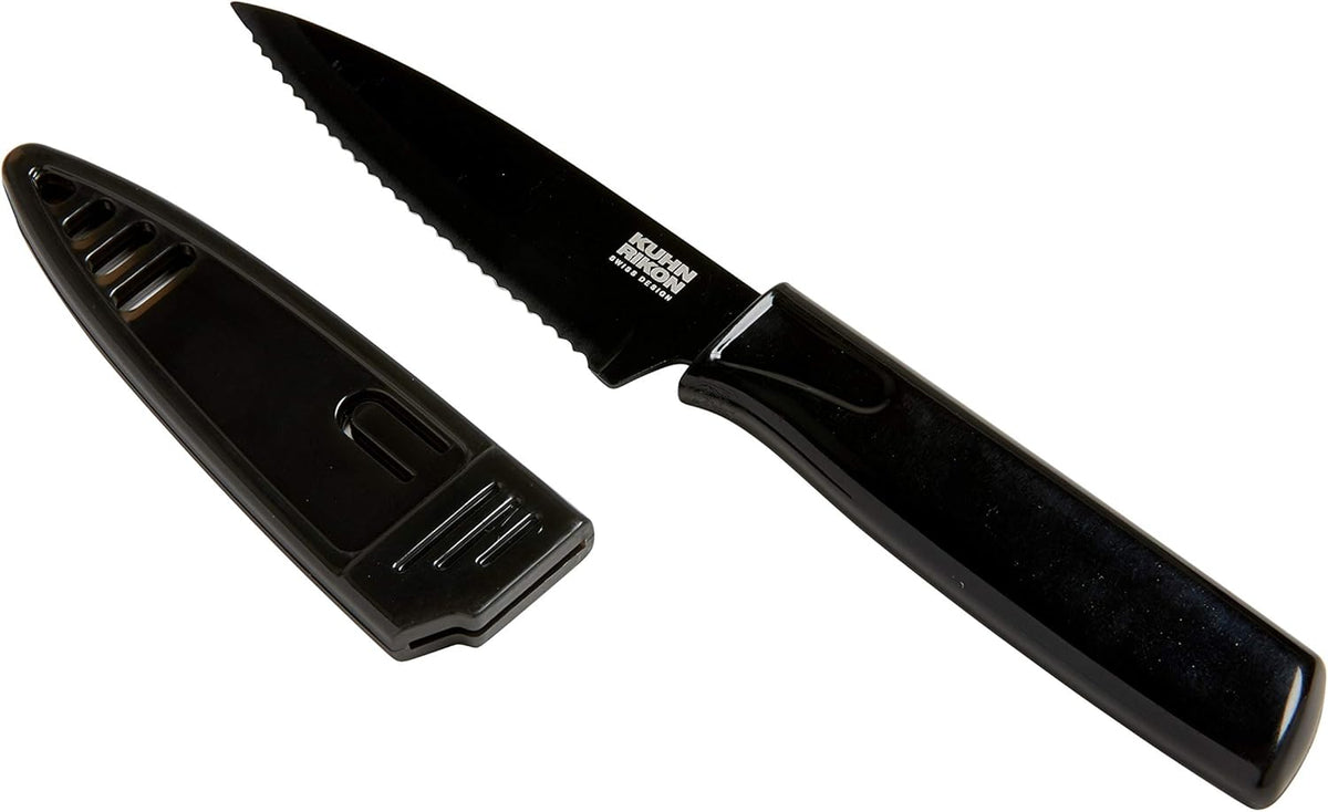 COLORI Straight and Serrated Paring Knife with Safety Sheath, 4 inch/10.16 cm Blade, Set of 2, Green and Yellow