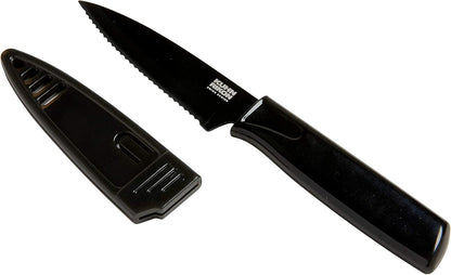 COLORI Straight and Serrated Paring Knife with Safety Sheath, 4 inch/10.16 cm Blade, Set of 2, Green and Yellow