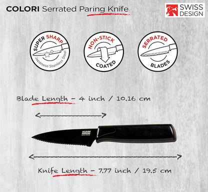 COLORI Straight and Serrated Paring Knife with Safety Sheath, 4 inch/10.16 cm Blade, Set of 2, Green and Yellow
