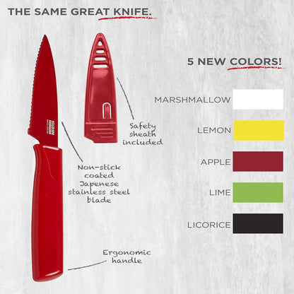 COLORI Straight and Serrated Paring Knife with Safety Sheath, 4 inch/10.16 cm Blade, Set of 2, Green and Yellow
