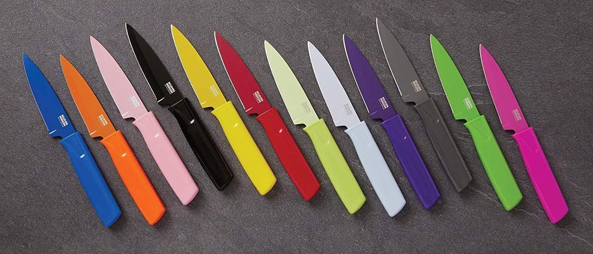 COLORI Straight and Serrated Paring Knife with Safety Sheath, 4 inch/10.16 cm Blade, Set of 2, Green and Yellow