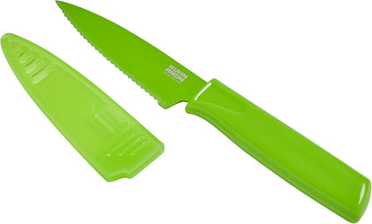 COLORI Straight and Serrated Paring Knife with Safety Sheath, 4 inch/10.16 cm Blade, Set of 2, Green and Yellow