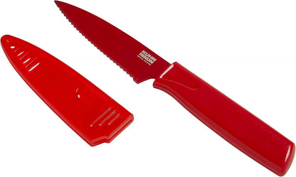 COLORI Straight and Serrated Paring Knife with Safety Sheath, 4 inch/10.16 cm Blade, Set of 2, Green and Yellow