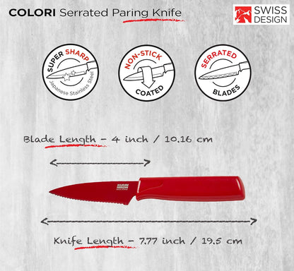 COLORI Straight and Serrated Paring Knife with Safety Sheath, 4 inch/10.16 cm Blade, Set of 2, Green and Yellow