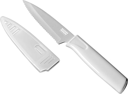 COLORI Straight and Serrated Paring Knife with Safety Sheath, 4 inch/10.16 cm Blade, Set of 2, Green and Yellow