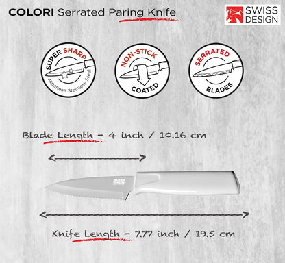 COLORI Straight and Serrated Paring Knife with Safety Sheath, 4 inch/10.16 cm Blade, Set of 2, Green and Yellow