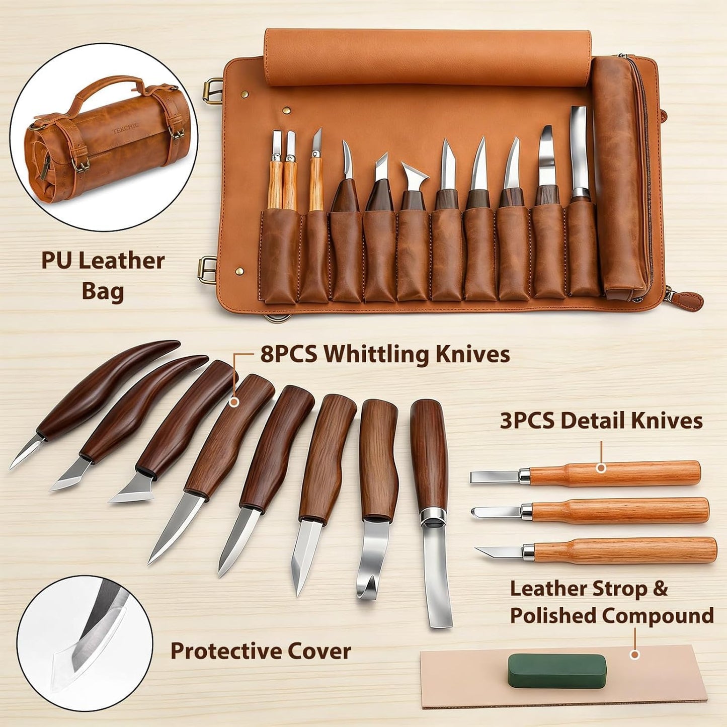 Tekchic Wood Carving Kit Deluxe-Whittling Knife, Wood Carving Knife Set | Wood Whittling Kit for Beginners, Carving Knife Woodworking Wood Carving Tools Set with Large Leather Case