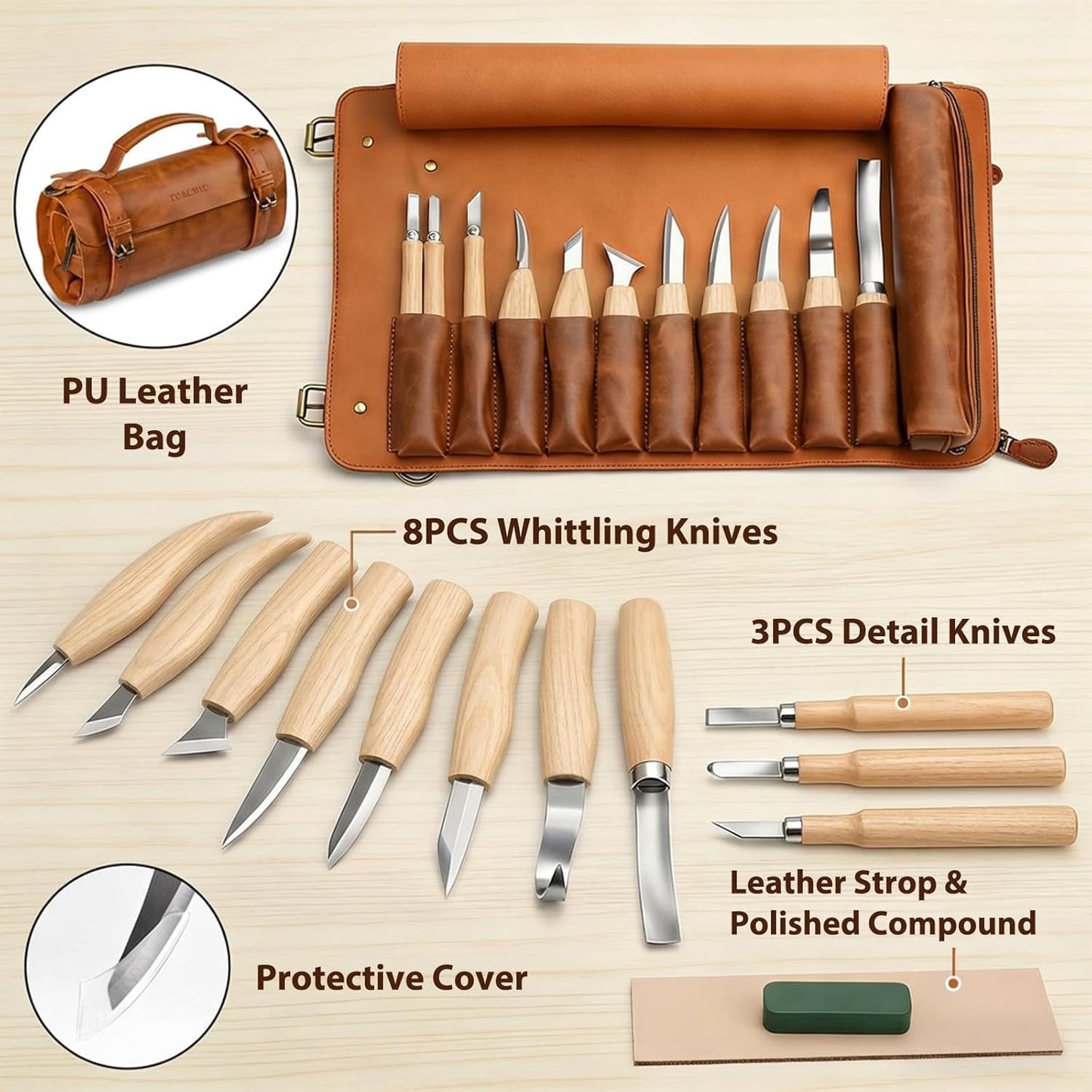Tekchic Wood Carving Kit Deluxe-Whittling Knife, Wood Carving Knife Set | Wood Whittling Kit for Beginners, Carving Knife Woodworking Wood Carving Tools Set with Large Leather Case