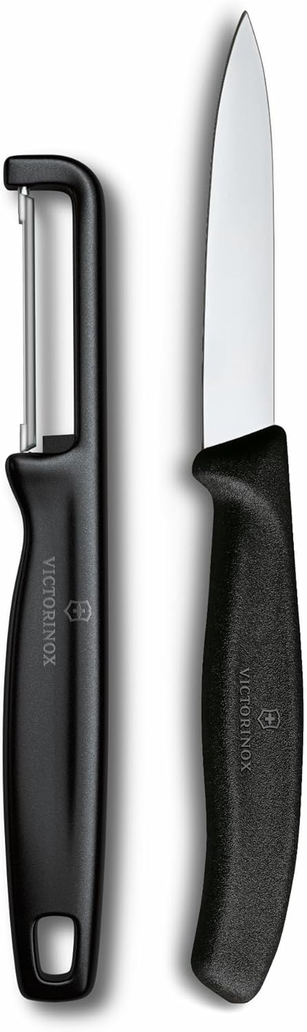Swiss Classic 2 PC Paring Knife and I-Peeler Set, Black | Swiss-made stainless steel blades with ergonomic handles, dishwasher safe, and lightweight for precision food prep