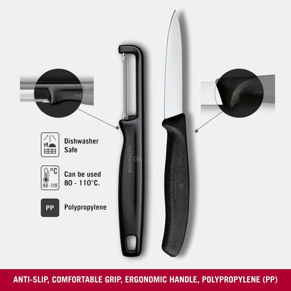 Swiss Classic 2 PC Paring Knife and I-Peeler Set, Black | Swiss-made stainless steel blades with ergonomic handles, dishwasher safe, and lightweight for precision food prep