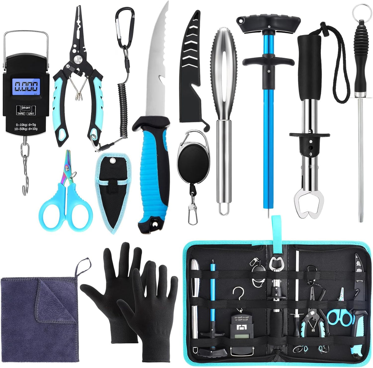 14 Pcs Fishing Tool Kit, Fillet Knife, Fishing Pliers with Lanyard, Digital Scale, Lip Gripper, Hook Remover Fish Scaler Braid Scissors Gloves Sharpening Rod Retractor Towel Bag