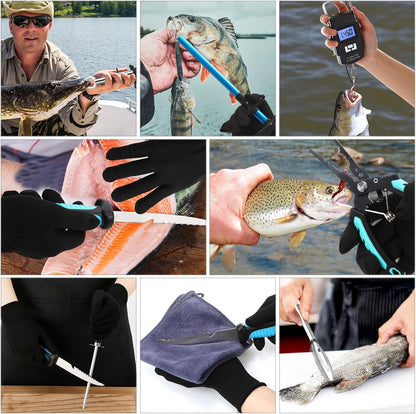 14 Pcs Fishing Tool Kit, Fillet Knife, Fishing Pliers with Lanyard, Digital Scale, Lip Gripper, Hook Remover Fish Scaler Braid Scissors Gloves Sharpening Rod Retractor Towel Bag