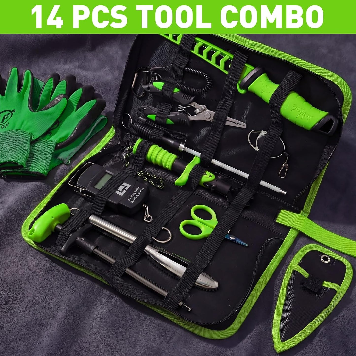 14 Pcs Fishing Tool Kit, Fillet Knife, Fishing Pliers with Lanyard, Digital Scale, Lip Gripper, Hook Remover Fish Scaler Braid Scissors Gloves Sharpening Rod Retractor Towel Bag