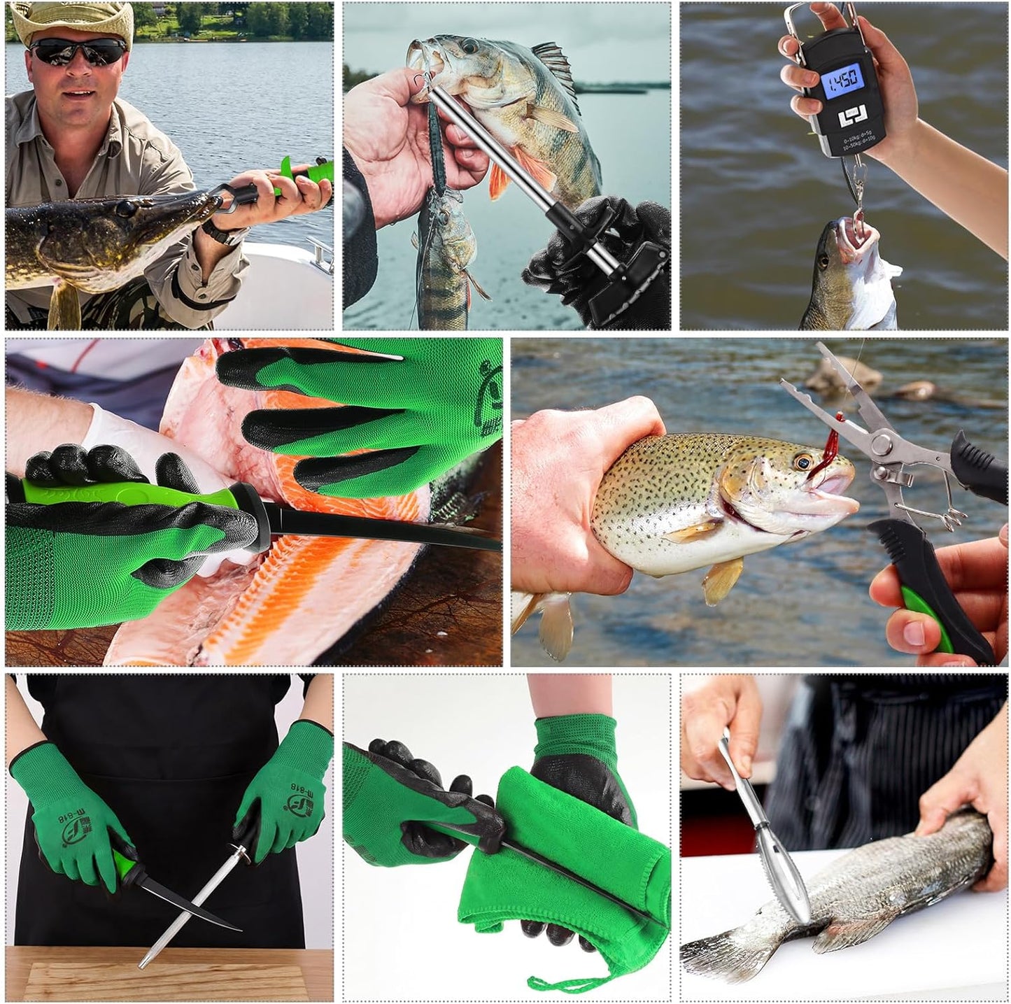 14 Pcs Fishing Tool Kit, Fillet Knife, Fishing Pliers with Lanyard, Digital Scale, Lip Gripper, Hook Remover Fish Scaler Braid Scissors Gloves Sharpening Rod Retractor Towel Bag