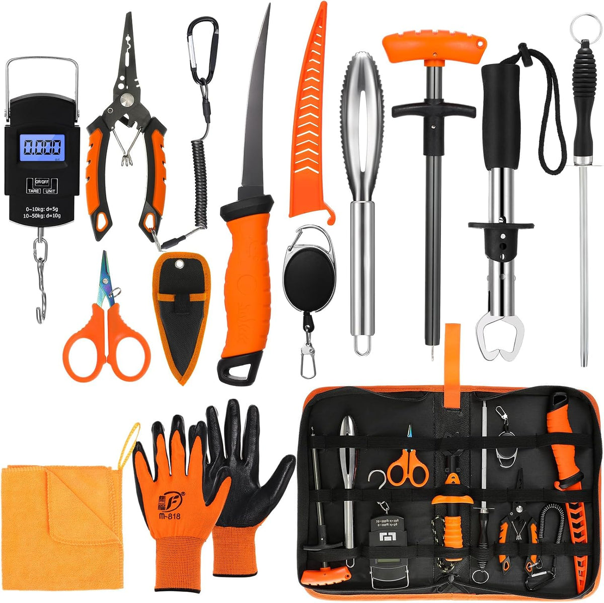 14 Pcs Fishing Tool Kit, Fillet Knife, Fishing Pliers with Lanyard, Digital Scale, Lip Gripper, Hook Remover Fish Scaler Braid Scissors Gloves Sharpening Rod Retractor Towel Bag