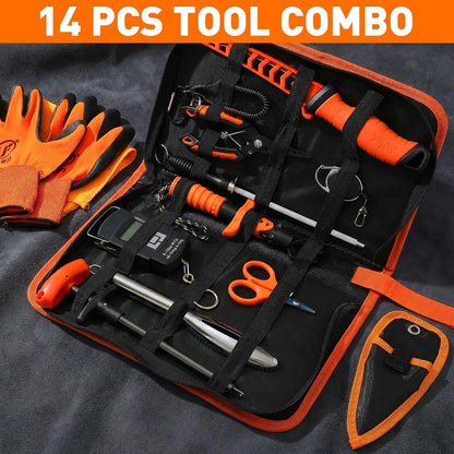 14 Pcs Fishing Tool Kit, Fillet Knife, Fishing Pliers with Lanyard, Digital Scale, Lip Gripper, Hook Remover Fish Scaler Braid Scissors Gloves Sharpening Rod Retractor Towel Bag
