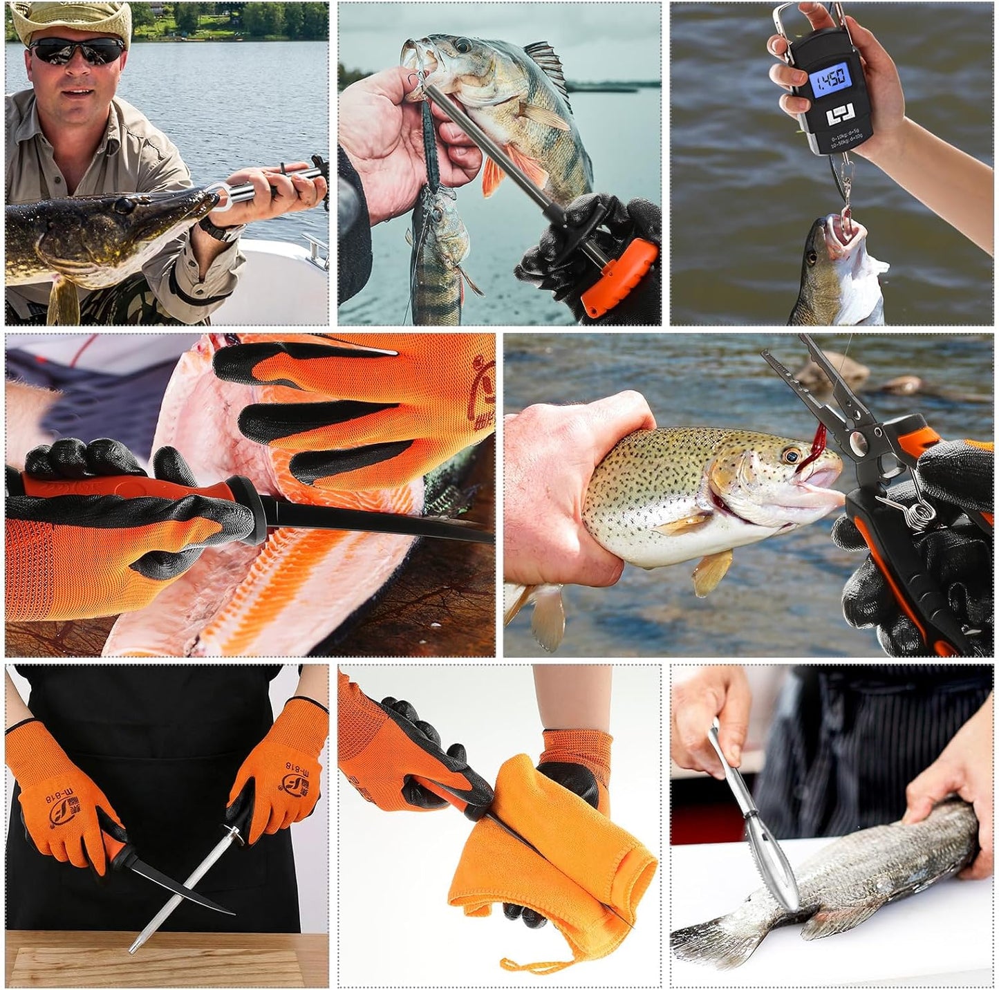 14 Pcs Fishing Tool Kit, Fillet Knife, Fishing Pliers with Lanyard, Digital Scale, Lip Gripper, Hook Remover Fish Scaler Braid Scissors Gloves Sharpening Rod Retractor Towel Bag