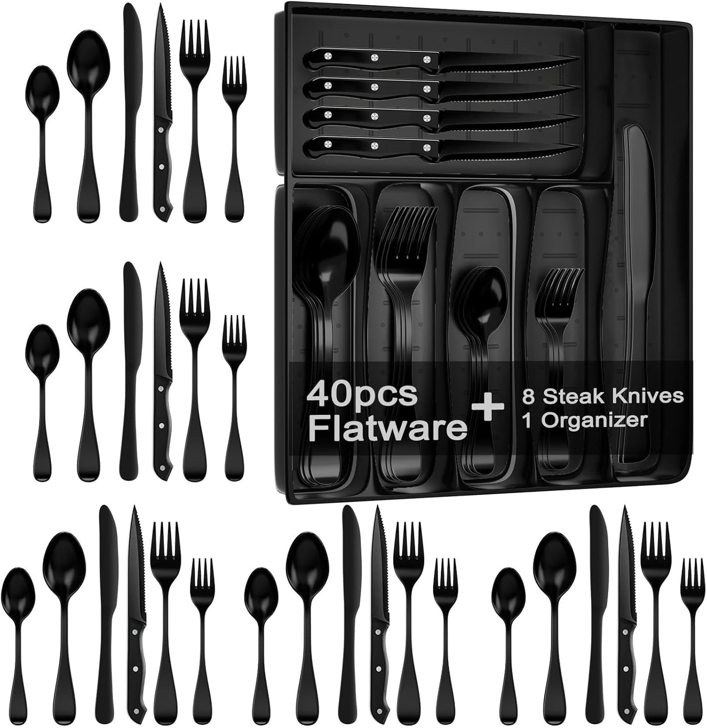 49PCS Silverware Set with Organizer, Stainless Steel Flatware Drawer Cutlery Set for 8, Kitchen Utensils with Steak Knives Mirror Polished Dinner Knife Forks Spoons Tableware Service Tray