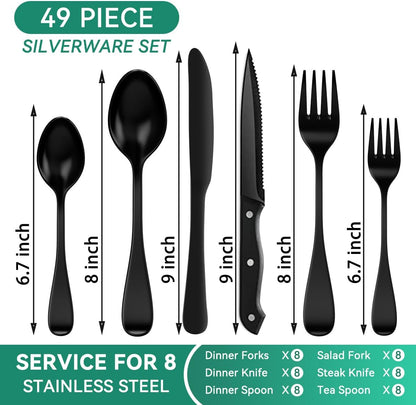 49PCS Silverware Set with Organizer, Stainless Steel Flatware Drawer Cutlery Set for 8, Kitchen Utensils with Steak Knives Mirror Polished Dinner Knife Forks Spoons Tableware Service Tray