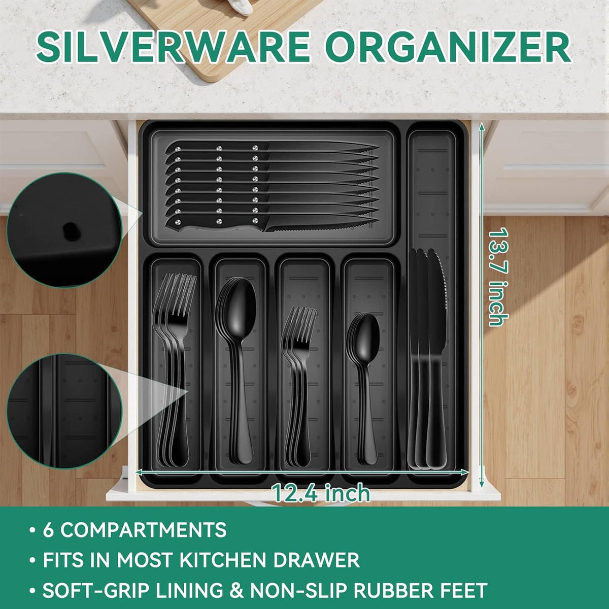 49PCS Silverware Set with Organizer, Stainless Steel Flatware Drawer Cutlery Set for 8, Kitchen Utensils with Steak Knives Mirror Polished Dinner Knife Forks Spoons Tableware Service Tray