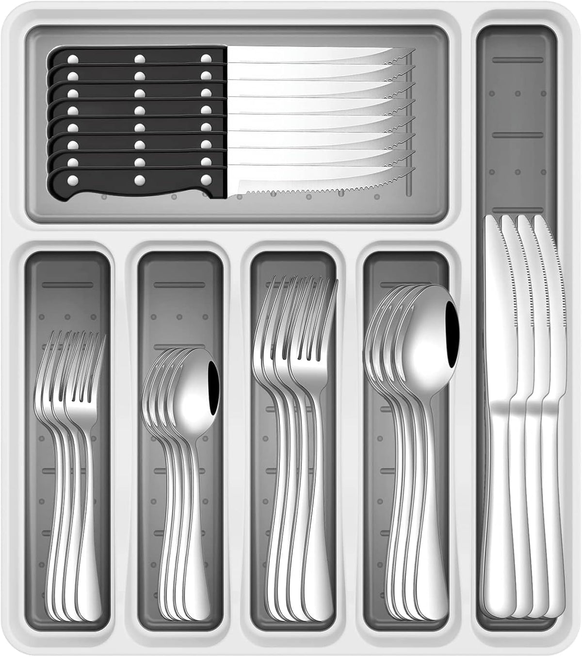 49PCS Silverware Set with Organizer, Stainless Steel Flatware Drawer Cutlery Set for 8, Kitchen Utensils with Steak Knives Mirror Polished Dinner Knife Forks Spoons Tableware Service Tray