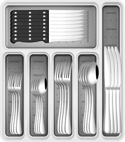 49PCS Silverware Set with Organizer, Stainless Steel Flatware Drawer Cutlery Set for 8, Kitchen Utensils with Steak Knives Mirror Polished Dinner Knife Forks Spoons Tableware Service Tray