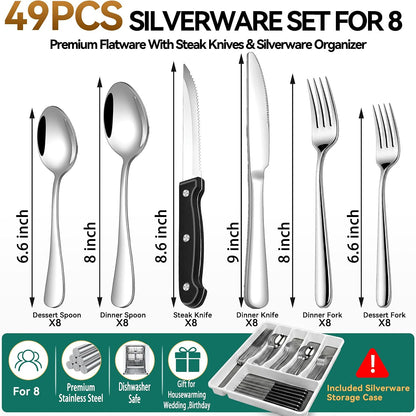 49PCS Silverware Set with Organizer, Stainless Steel Flatware Drawer Cutlery Set for 8, Kitchen Utensils with Steak Knives Mirror Polished Dinner Knife Forks Spoons Tableware Service Tray