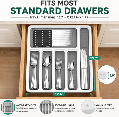 49PCS Silverware Set with Organizer, Stainless Steel Flatware Drawer Cutlery Set for 8, Kitchen Utensils with Steak Knives Mirror Polished Dinner Knife Forks Spoons Tableware Service Tray