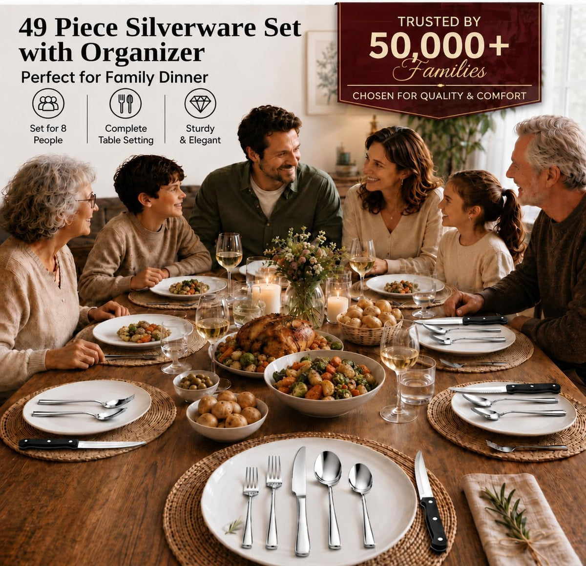 49PCS Silverware Set with Organizer, Stainless Steel Flatware Drawer Cutlery Set for 8, Kitchen Utensils with Steak Knives Mirror Polished Dinner Knife Forks Spoons Tableware Service Tray