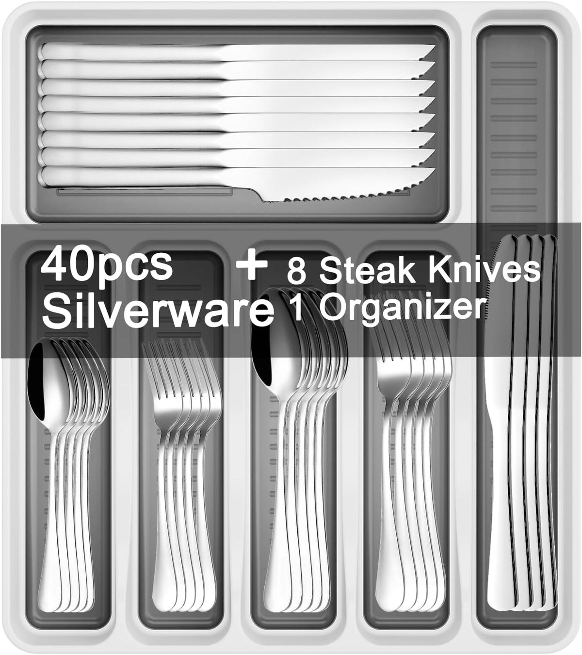 49PCS Silverware Set with Organizer, Stainless Steel Flatware Drawer Cutlery Set for 8, Kitchen Utensils with Steak Knives Mirror Polished Dinner Knife Forks Spoons Tableware Service Tray