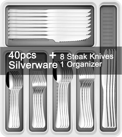 49PCS Silverware Set with Organizer, Stainless Steel Flatware Drawer Cutlery Set for 8, Kitchen Utensils with Steak Knives Mirror Polished Dinner Knife Forks Spoons Tableware Service Tray