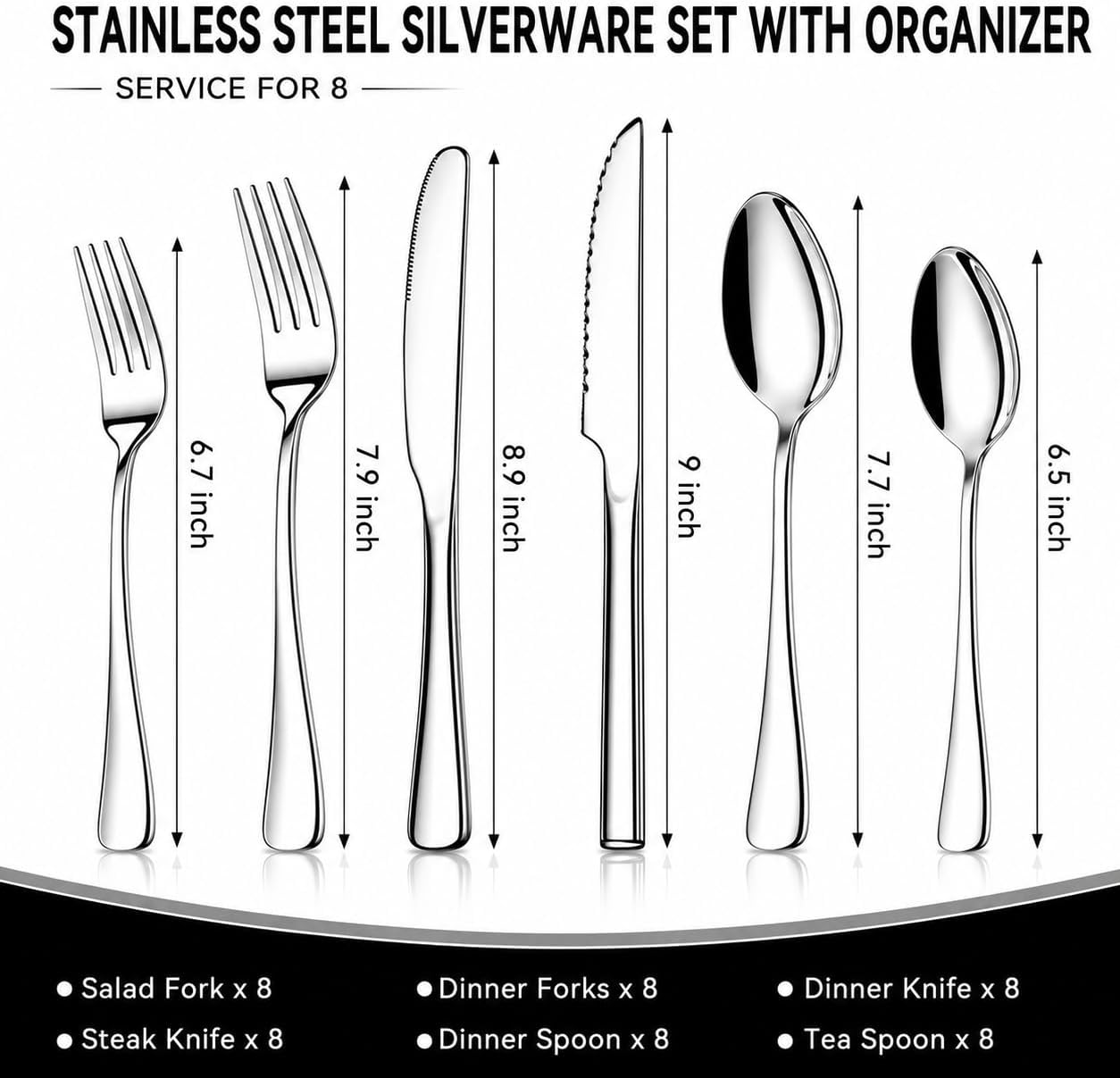 49PCS Silverware Set with Organizer, Stainless Steel Flatware Drawer Cutlery Set for 8, Kitchen Utensils with Steak Knives Mirror Polished Dinner Knife Forks Spoons Tableware Service Tray